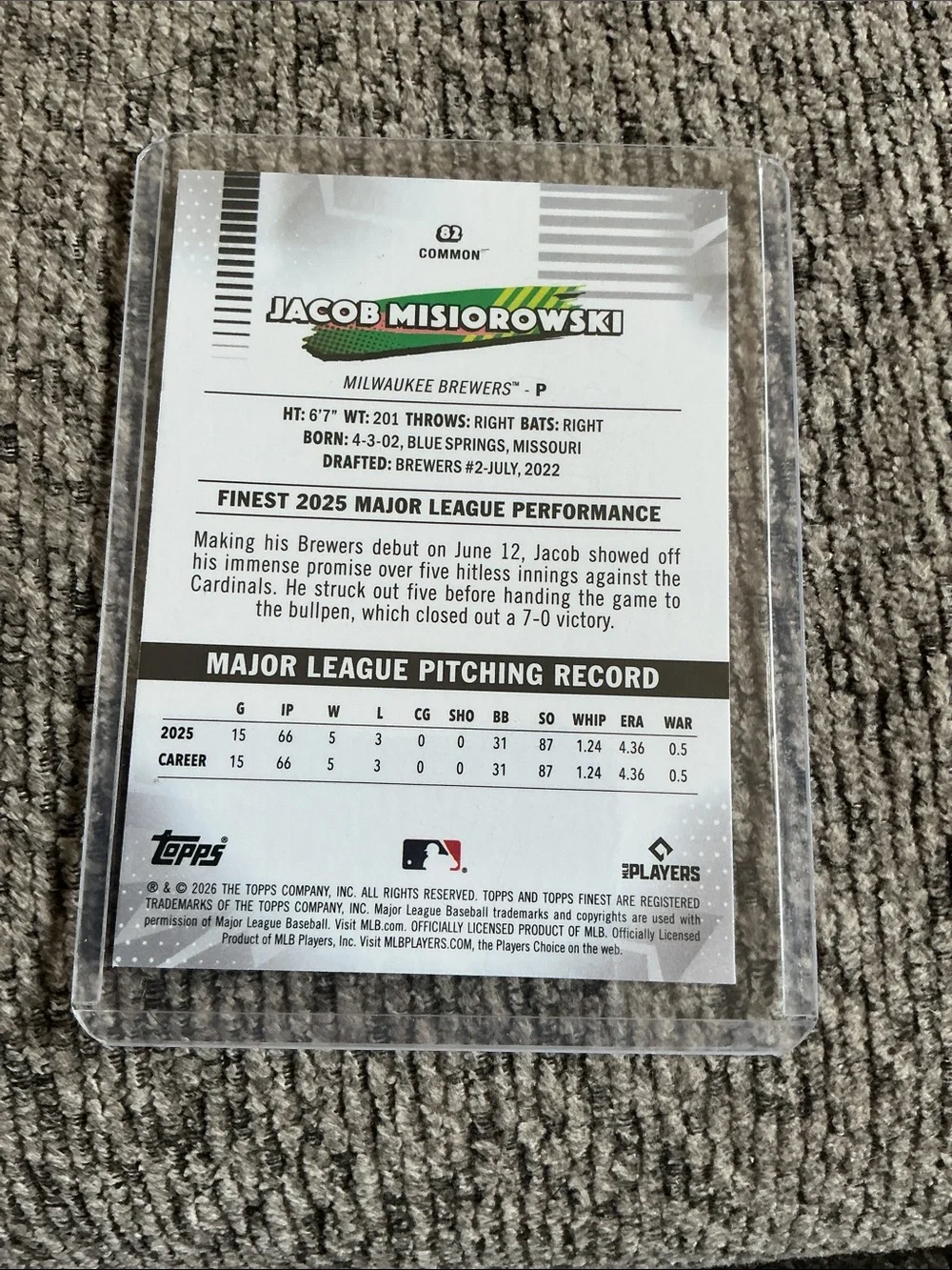 Topps Jacob Misiorowski Brewers Aqua and Black Card 81/199